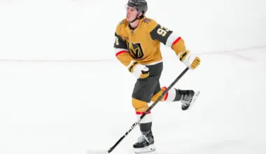 Vegas Golden Knights right wing Mitch Marner (93) reacts after being stopped by Buffalo Sabres goaltender Ukko-Pekka Luukkonen (1) during the third period at T-Mobile Arena.