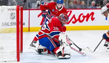 Montreal Canadiens goalie Samuel Montembeault (35) makes a save against the New York Islanders during the first period at Bell Centre.