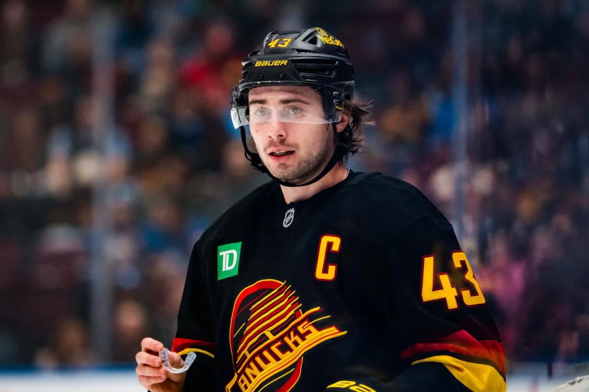 Vancouver Canucks defenseman Quinn Hughes (43) during a stop in play against the Buffalo Sabres in the first period at Rogers Arena