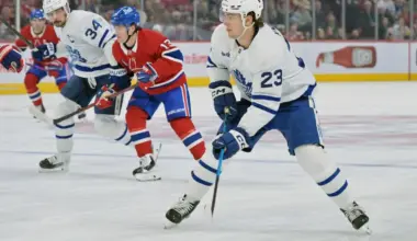 Toronto Maple Leafs forward Matthew Knies (23) plays the puck against the Montreal Canadiens during the first period at the Bell Centre.