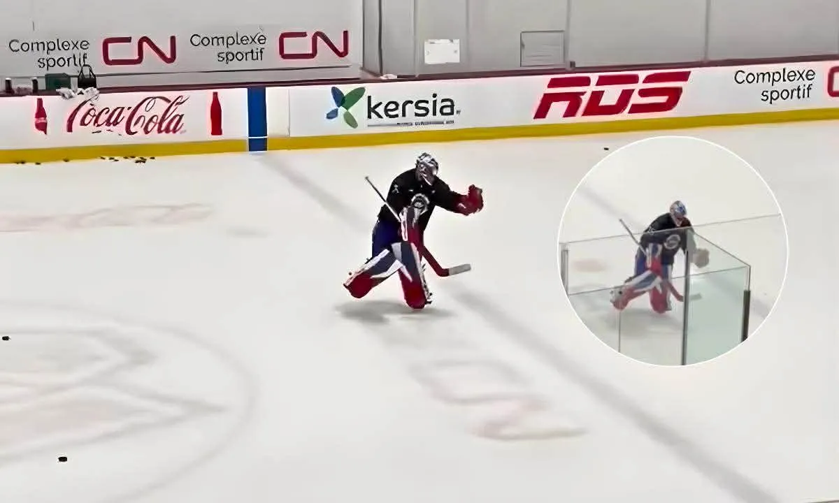Photo of Jakub Dobes at Canadiens practice in Brossard.