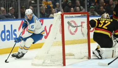 St. Louis Blues defenseman Philip Broberg (6) skates behind the net of Vancouver Canucks goaltender Kevin Lankinen (32) during the third period at Rogers Arena.