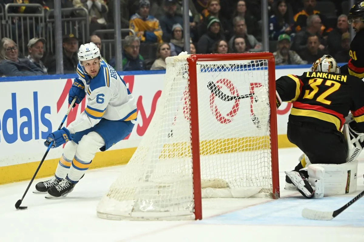 St. Louis Blues defenseman Philip Broberg (6) skates behind the net of Vancouver Canucks goaltender Kevin Lankinen (32) during the third period at Rogers Arena.