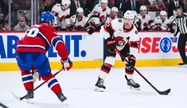 Ottawa Senators defenseman Thomas Chabot (72) plays the puck against Montreal Canadiens center Joe Veleno (90) during the second period at Bell Centre.