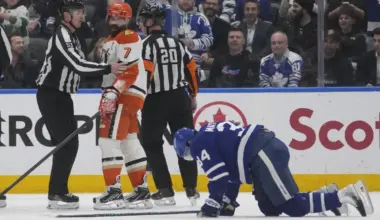 Anaheim Ducks defenseman Radko Gudas (7) looks at an injured Toronto Maple Leafs forward Auston Matthews (34) after he delivered a knee on knee hit during the second period at Scotiabank Arena.