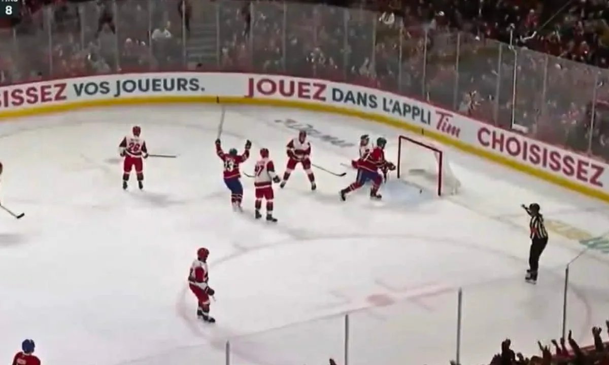 Photo of Cole Caufield and Juraj Slafkovsky goal vs Hurricanes.