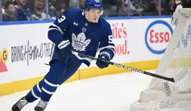 Toronto Maple Leafs forward Easton Cowan (53) pursues the play against the Tampa Bay Lightning in the third period at Scotiabank Arena.