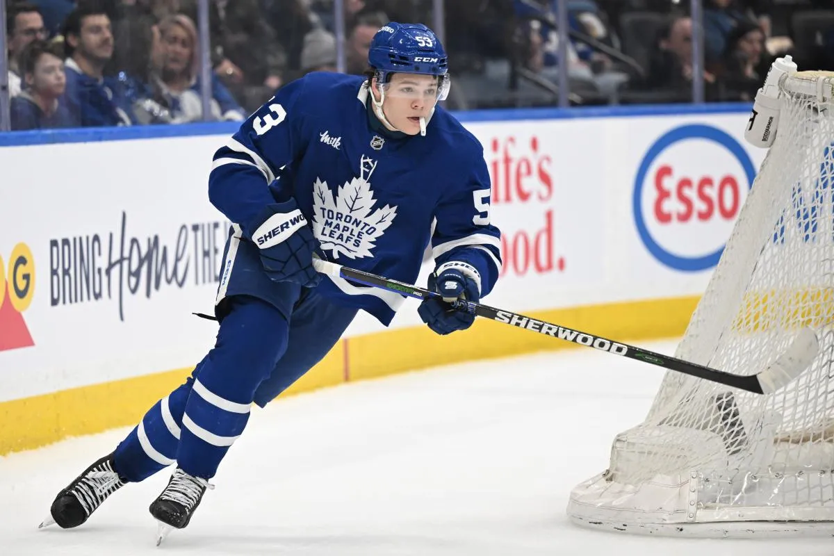 Toronto Maple Leafs forward Easton Cowan (53) pursues the play against the Tampa Bay Lightning in the third period at Scotiabank Arena.