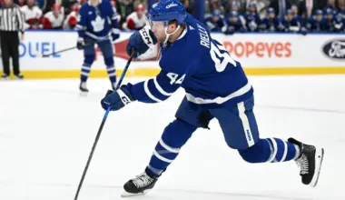 Toronto Maple Leafs defenseman Morgan Rielly (44) hits a slapshot against the Carolina Hurricanes in the first period at Scotiabank Arena.