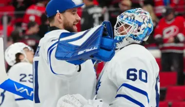Toronto Maple Leafs goaltender Joseph Woll (60) and goaltender Anthony Stolarz (41) celebrate their victory against the Carolina Hurricanes at Lenovo Center.