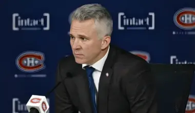 Photo of Canadiens head coach Martin St-Louis addressing media after 5-2 win over Hurricanes.