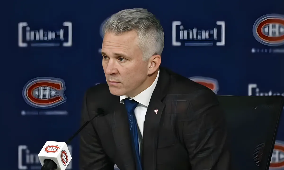Photo of Canadiens head coach Martin St-Louis addressing media after 5-2 win over Hurricanes.