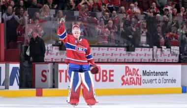 Montreal Canadiens goalie Jakub Dobes (75) celebrates a win against the Carolina Hurricanes at the Bell Centre.