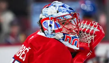 Montreal Canadiens goalie Jakub Dobes (75 looks on during warm-up before the game against the San Jose Sharks at Bell Centre.