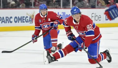 Montreal Canadiens forward Brendan Gallagher (11) and teammate Montreal Canadiens forward Patrik Laine (92) stretch during the warmup period before the game against the Buffalo Sabres at the Bell Centre.