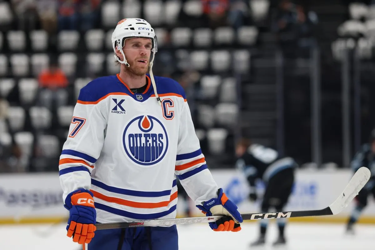 Edmonton Oilers center Connor McDavid (97) warms up before a game against the Utah Mammoth at Delta Center.