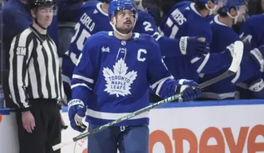 Toronto Maple Leafs forward Auston Matthews (34) looks up at the scoreboard after scoring against the Anaheim Ducks during the second period at Scotiabank Arena