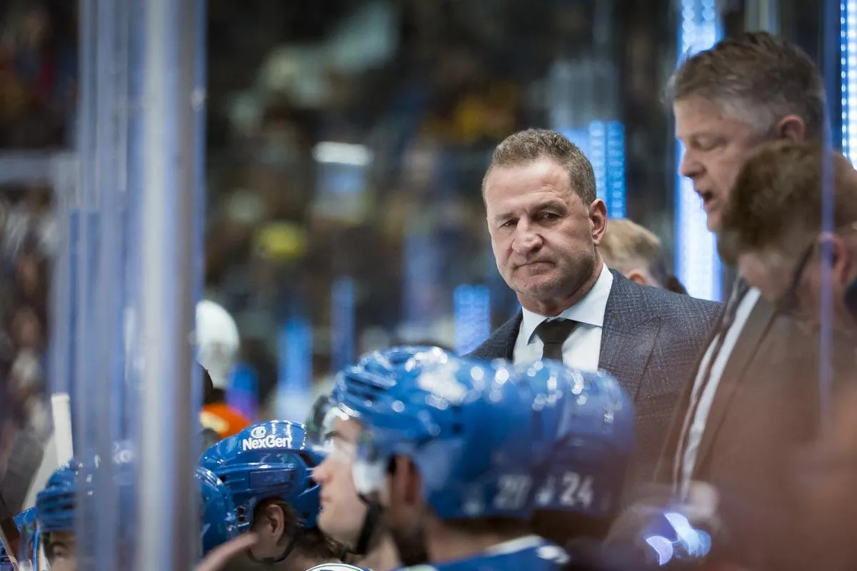 Vancouver Canucks head coach Adam Foote on the bench against the Anaheim Ducks in the third period at Rogers Arena.