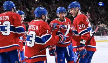 Montreal Canadiens left wing Juraj Slafkovsky (20) celebrates with his teammates his second goal of the game against the New York Islanders during the third period at Bell Centre.
