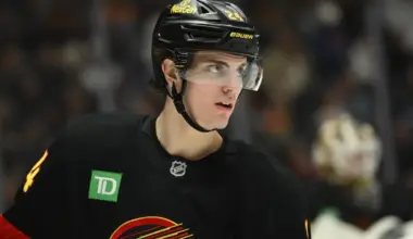 Vancouver Canucks defenseman Zeev Buium (24) awaits the start of play against St. Louis Blues during the third period at Rogers Arena.