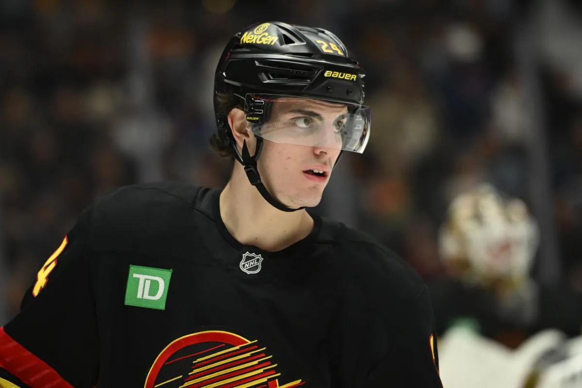 Vancouver Canucks defenseman Zeev Buium (24) awaits the start of play against St. Louis Blues during the third period at Rogers Arena.