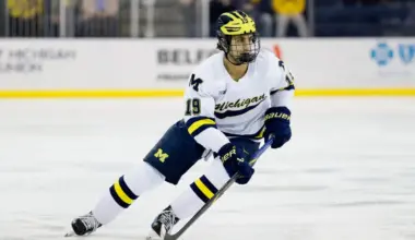 Michigan Wolverines forward Michael Hage (19) skates against Penn State during a Big Ten Tournament quarter final game at Yost Arena.