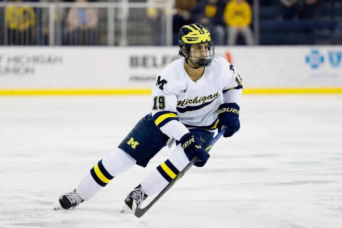 Michigan Wolverines forward Michael Hage (19) skates against Penn State during a Big Ten Tournament quarter final game at Yost Arena.