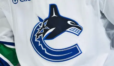 View of a Vancouver Canucks logo on a jersey worn by a member of the team during the second period at Bell Centre