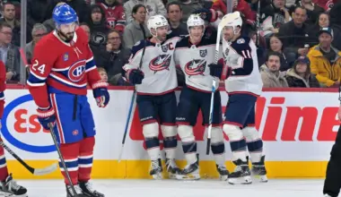 Columbus Blue Jackets defenseman Damon Severson (78) celebrates with teammates after scoring a goal against the Montreal Canadiens during the first period at the Bell Centre.