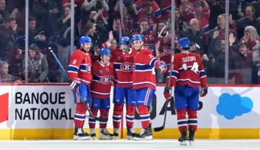 Montreal Canadiens forward Juraj Slafkovsky (20) celebrates with teammates after scoring a goal against the Carolina Hurricanes during the second period at the Bell Centre.