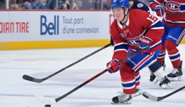 Montreal Canadiens forward Cole Caufield (13) plays the puck during the second period of the game against the Columbus Blue Jackets at the Bell Centre.