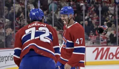 Montreal Canadiens defenseman Arber Xhekaj (72) and teammate defenseman Jayden Struble (47) celebrate the win against the Toronto Maple Leafs at the Bell Centre.