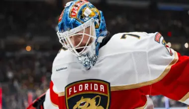Florida Panthers goalie Sergei Bobrovsky (72) reacts after being scored on by Vancouver Canucks forward Aatu Raty (54) in the second period at Rogers Arena.