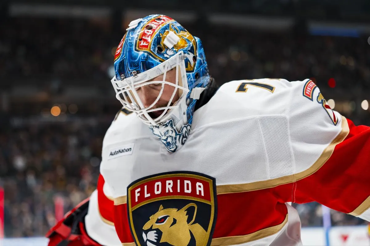 Florida Panthers goalie Sergei Bobrovsky (72) reacts after being scored on by Vancouver Canucks forward Aatu Raty (54) in the second period at Rogers Arena.