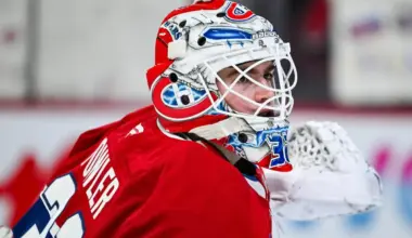 Montreal Canadiens goalie Jacob Fowler (32) looks on during warm-up before the game against the Boston Bruins at Bell Centre.