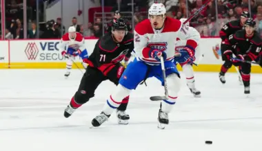 Montreal Canadiens defenseman Arber Xhekaj (72) and Carolina Hurricanes right wing Jesper Fast (71) chase AFTER THE PCUK D1P at PNC Arena.