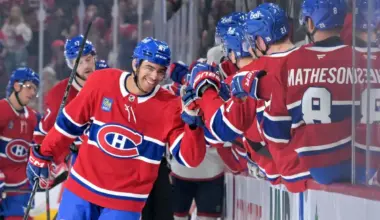 Montreal Canadiens defenseman Jayden Struble (47) celebrates with teammates after scoring a goal against the Columbus Blue Jackets during the first period at the Bell Centre.