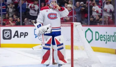 Montreal Canadiens goalie Samuel Montembeault (35) adjusts his mask during a break in the first period against the Ottawa Senators at the Canadian Tire Centre.