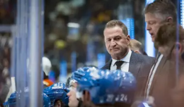 Vancouver Canucks head coach Adam Foote on the bench against the Anaheim Ducks in the third period at Rogers Arena