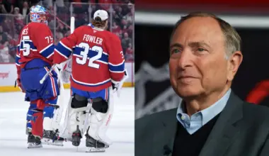 Photo of Jakub Dobes, Jacob Fowler and Gary Bettman.