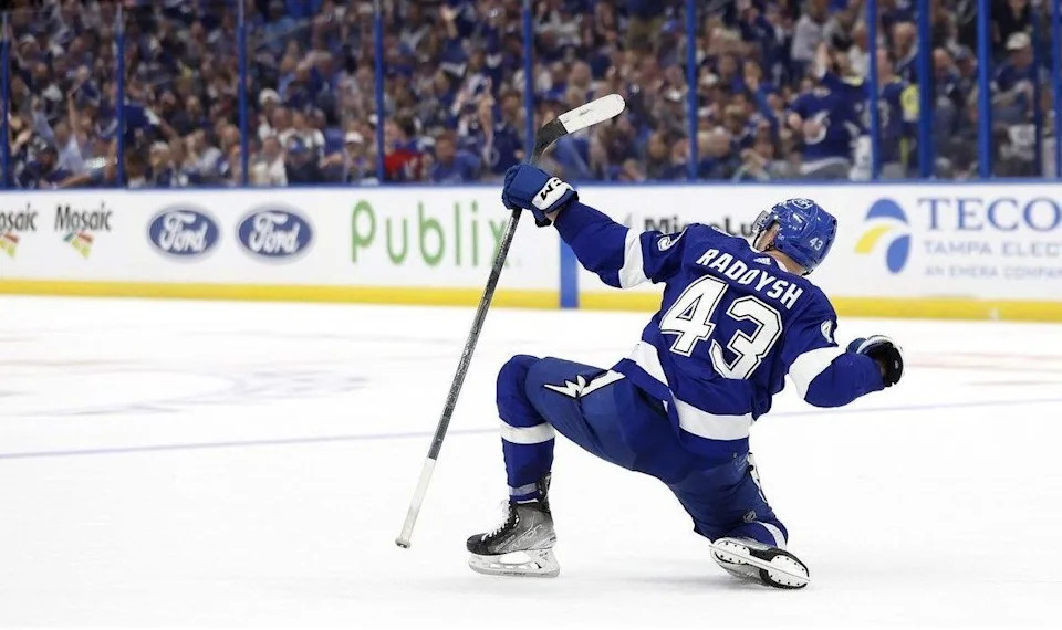  Darren Raddysh (43) of the Tampa Bay Lightning celebrates a goal in the second period during Game Three of the First Round of the 2023 Stanley Cup Playoffs against the Toronto Maple Leafs1 at Amalie Arena on April 22, 2023 in Tampa, Florida.