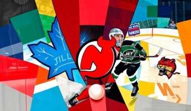 A cubist, geometric painting depicting fragmented hockey players and equipment in the official colors of the underperforming NHL teams mentioned in the story, conveying the chaotic and fractured nature of their disappointing seasons.