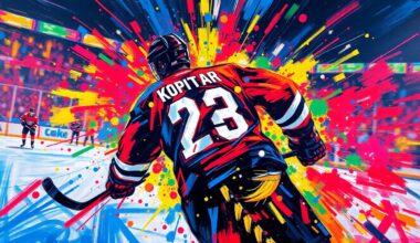 An abstract expressionist painting in vibrant neon colors, with the jersey number and silhouette of an NHL hockey player dissolving into energetic brushstrokes, capturing the raw emotion and movement of the sport.