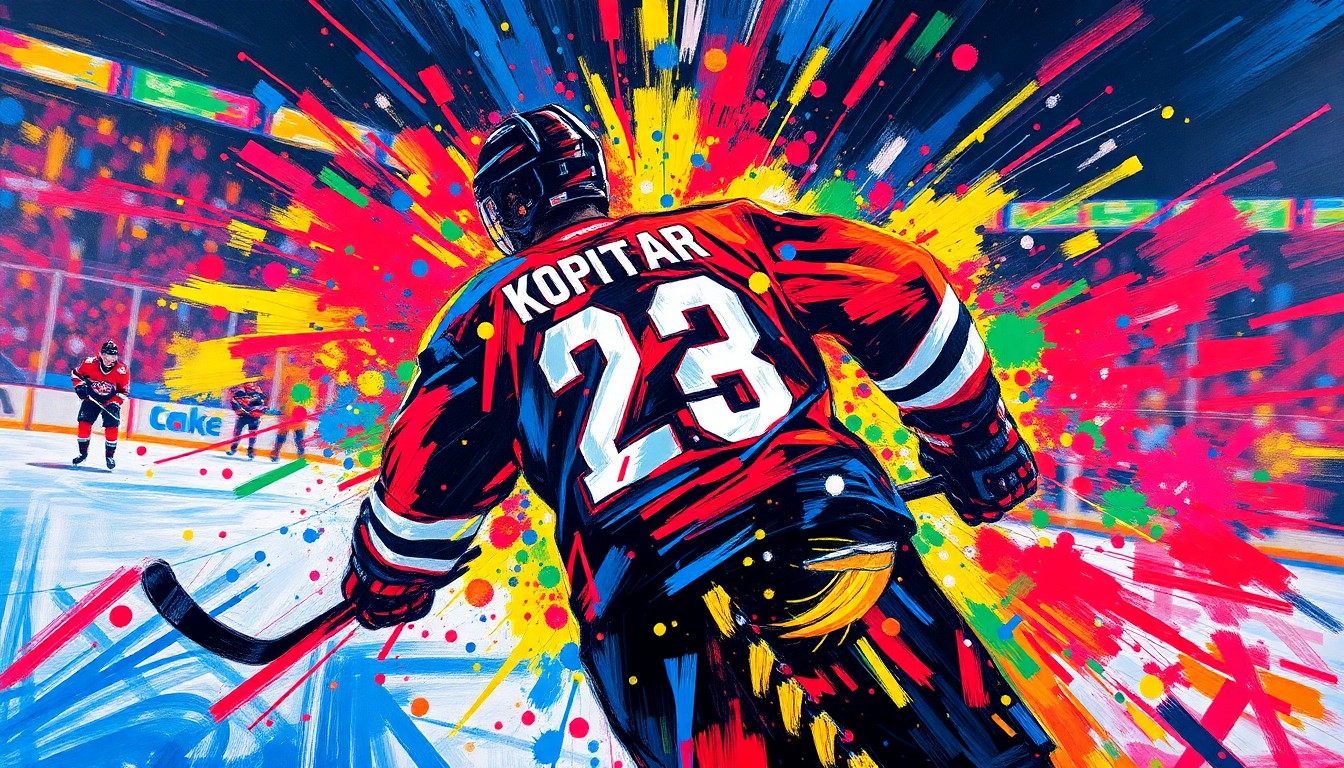 An abstract expressionist painting in vibrant neon colors, with the jersey number and silhouette of an NHL hockey player dissolving into energetic brushstrokes, capturing the raw emotion and movement of the sport.