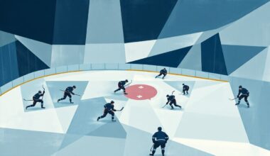 A cubist, geometric painting depicting a fragmented hockey game scene, with players and the rink broken down into sharp, overlapping planes of muted blue, gray, and white tones.