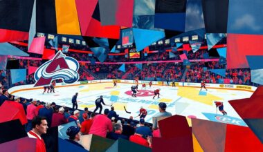 A fragmented, geometric painting in bold, vibrant colors representing the competitive spirit of an NHL hockey game.