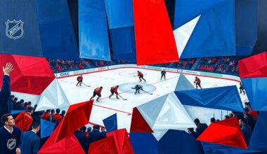 A cubist, geometric painting depicting an abstract hockey game, with players and the ice reduced to overlapping angular shapes in a vibrant color palette.