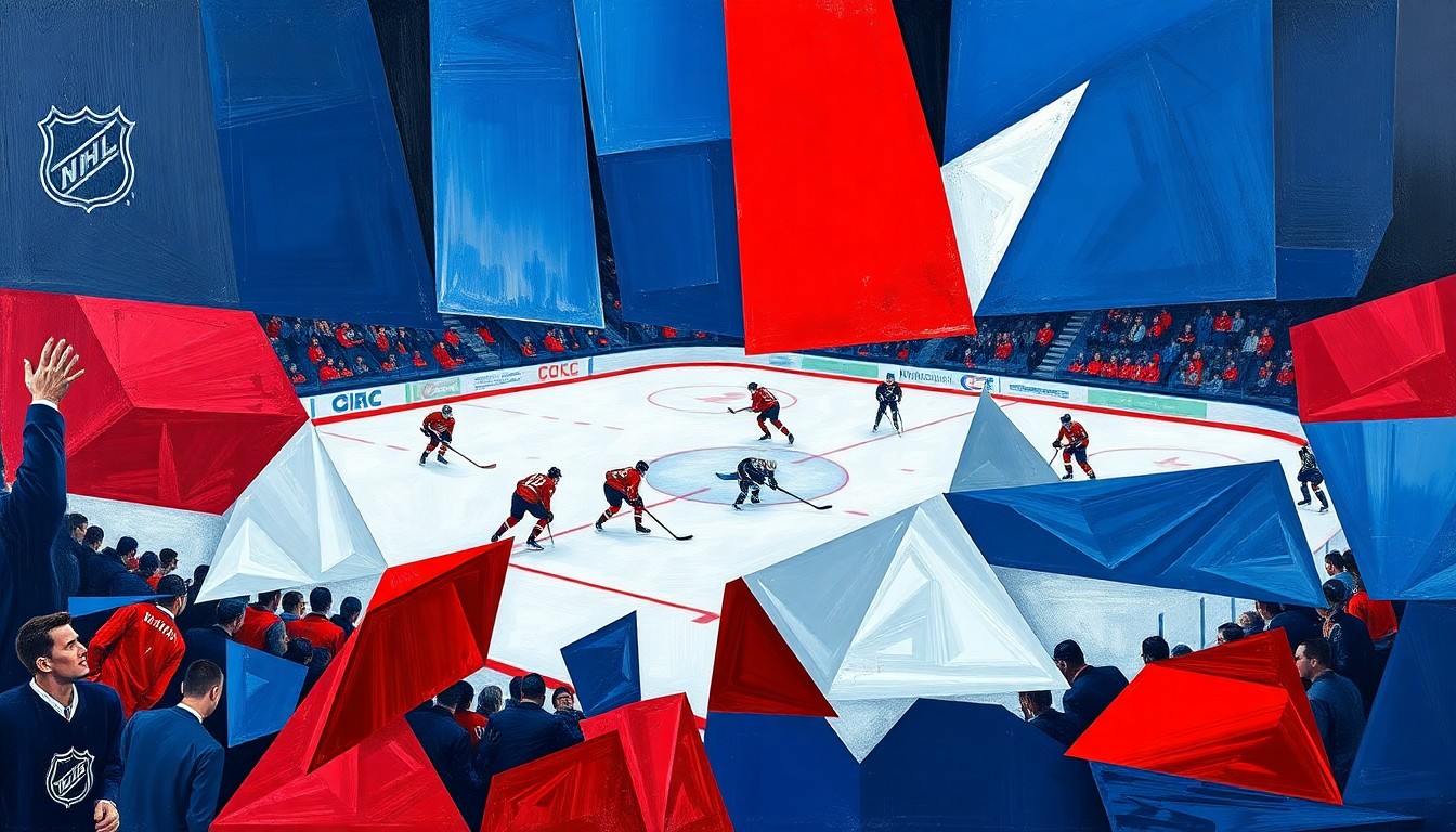 A cubist, geometric painting depicting an abstract hockey game, with players and the ice reduced to overlapping angular shapes in a vibrant color palette.