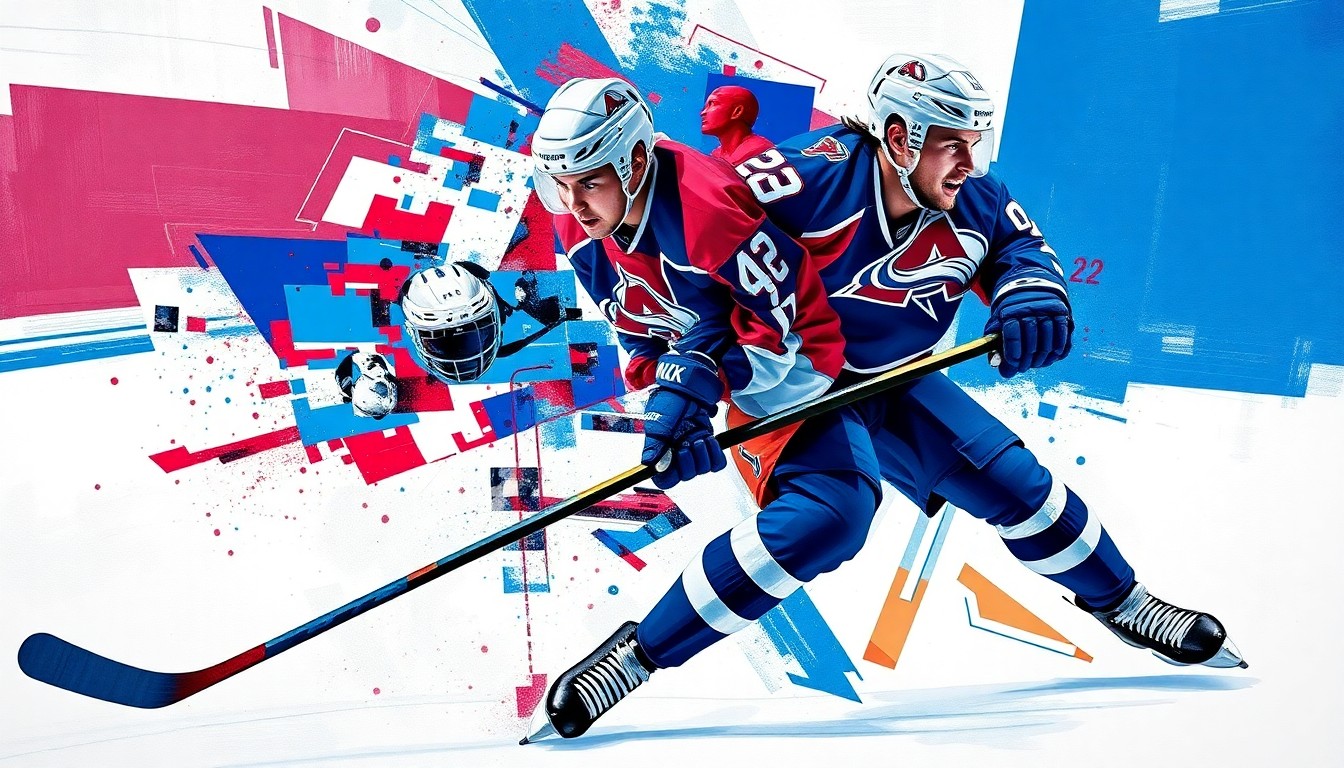 A cubist, geometric painting depicting a hockey player in motion, with sharp, overlapping planes of navy blue, burgundy, silver, and blue and white colors representing the Avalanche and Penn State Nittany Lions.