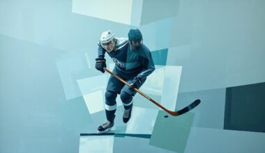 A cubist-style painting depicting a hockey player in motion, broken down into sharp, overlapping geometric shapes in muted blues, grays, and greens, conveying the idea of a veteran player